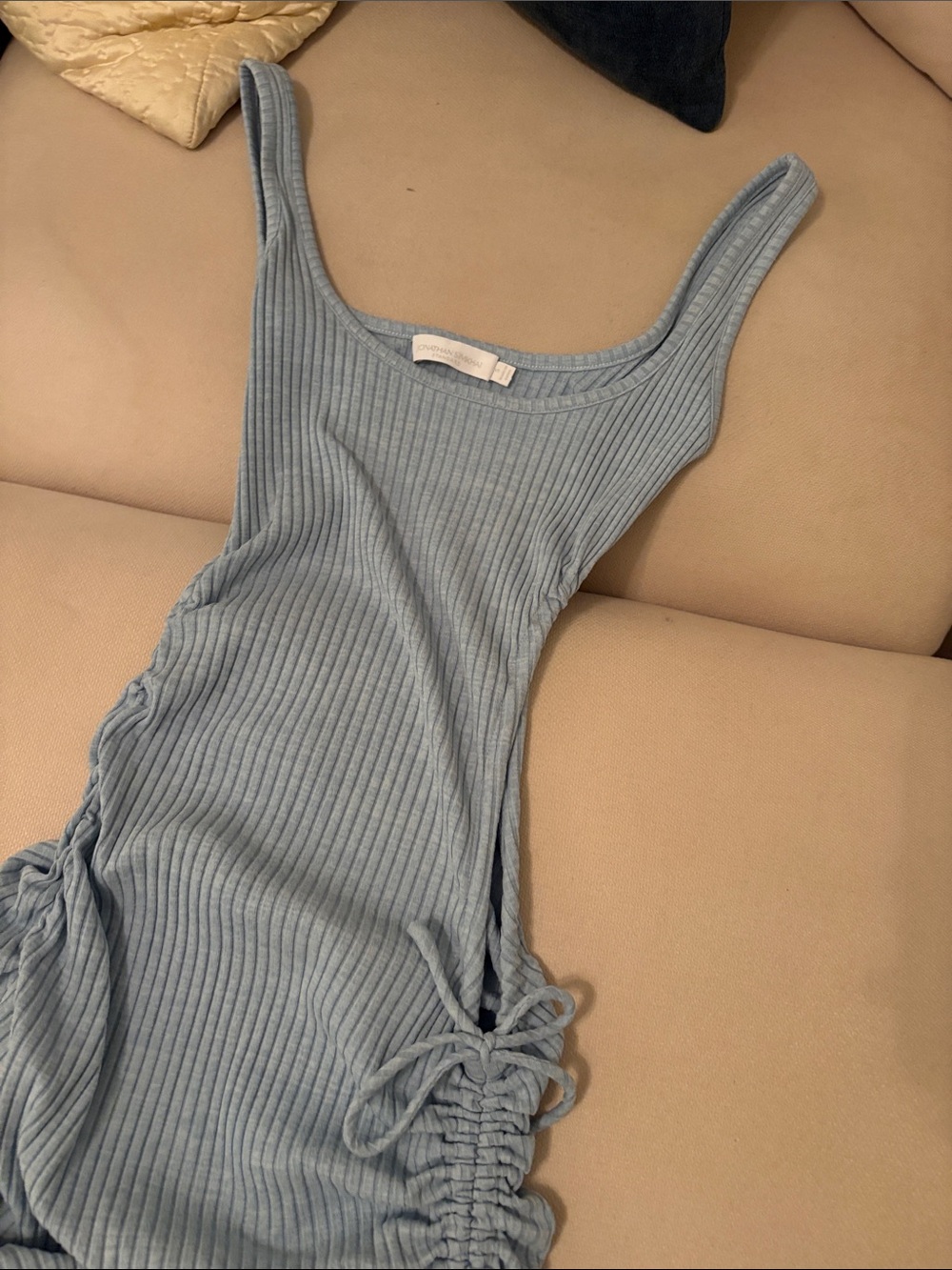 Light Blue Ribbed Ruched Tank Dress - Picture 2 of 3